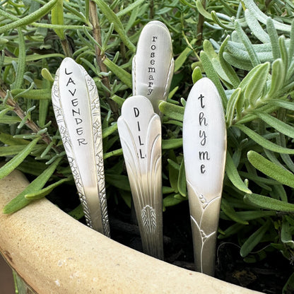 Hand Stamped Vintage Silverplate Garden Marker: Herb &amp; Veggie Plant Label