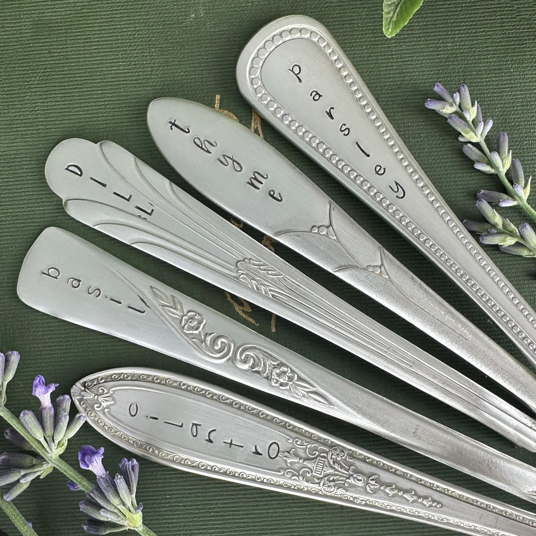 Hand Stamped Vintage Silverplate Garden Marker: Herb &amp; Veggie Plant Label
