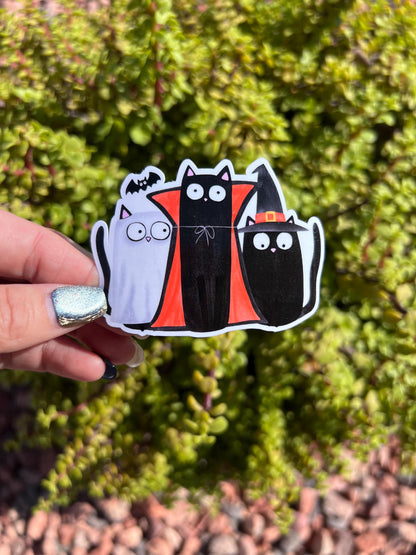 Halloween Cat Sticker, Cute Ghost Witch Vampire Cats Vinyl Decal, Water-Resistant Cat Mom Sticker, Spooky Season Gift