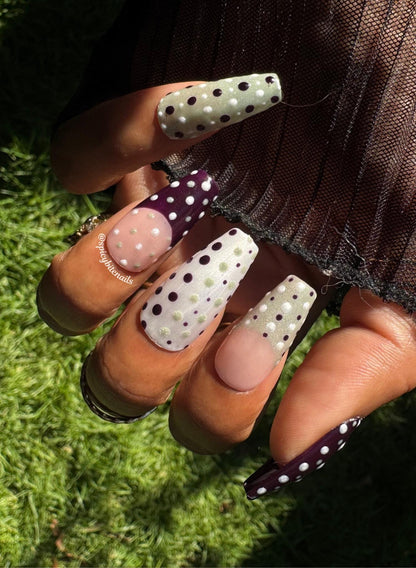 Dot &amp; Dash - Purple, Cream and Sage Green Cat-Eye Polka Dot Press-On Nail Extensions 10pcs