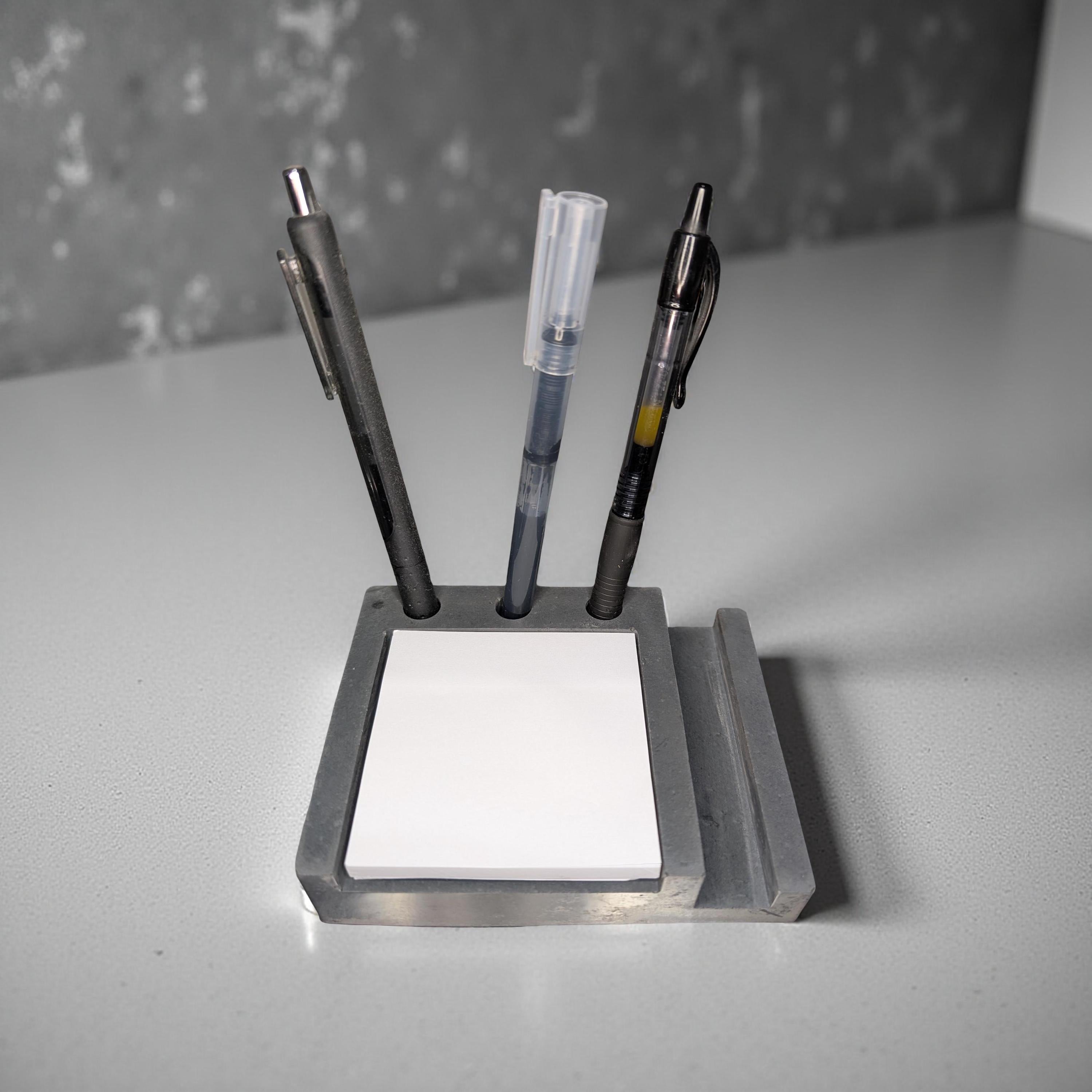 Concrete Desk Organizer | Pen Holder, Post-It Note Holder &amp; Phone Stand | Modern Minimalist Office Accessory