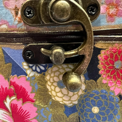 Upcycled Japanese Fabric Wine Carrier, Vintage Wood Box, Brass Hardware, Asian Gift