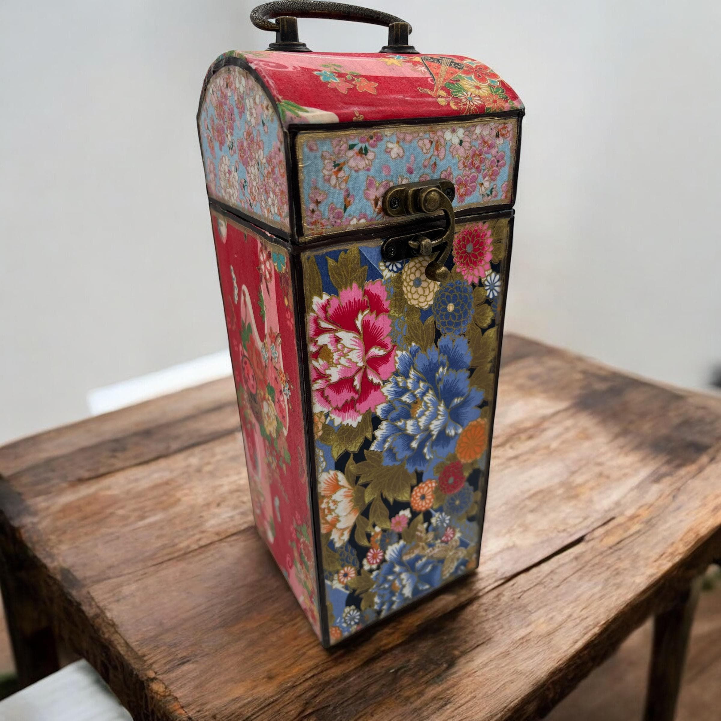 Upcycled Japanese Fabric Wine Carrier, Vintage Wood Box, Brass Hardware, Asian Gift