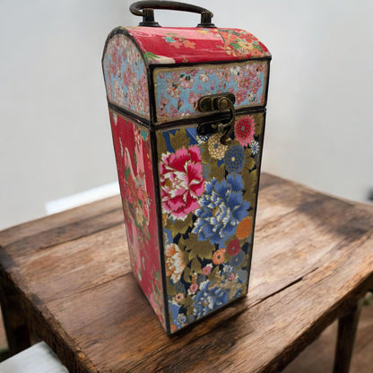 Upcycled Japanese Fabric Wine Carrier, Vintage Wood Box, Brass Hardware, Asian Gift