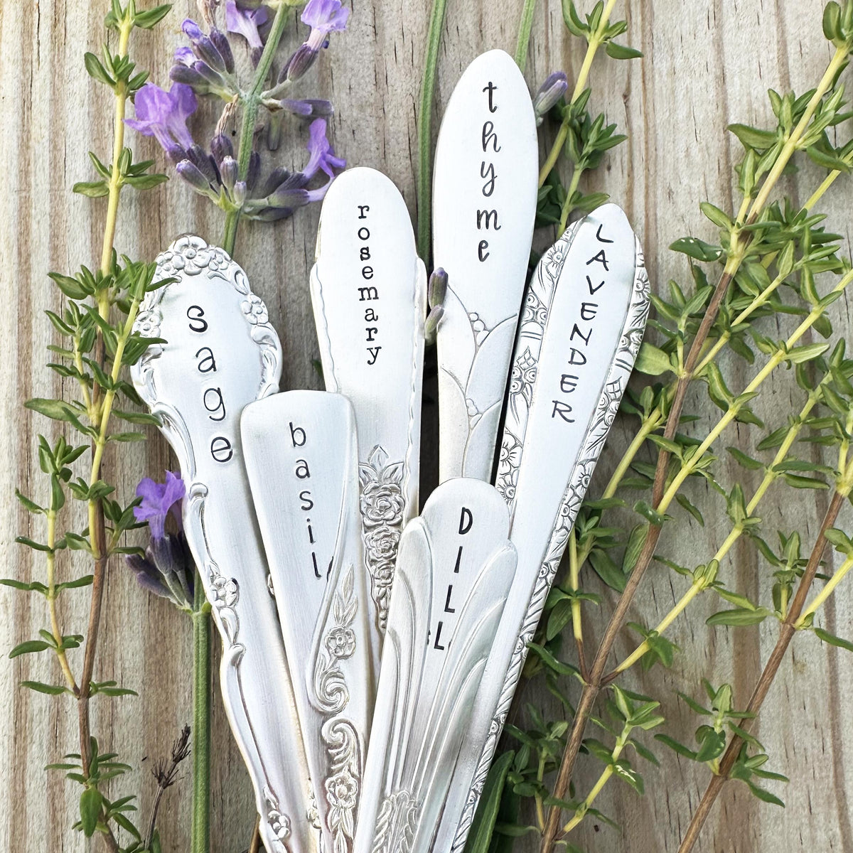 Hand Stamped Vintage Silverplate Garden Marker: Herb &amp; Veggie Plant Label