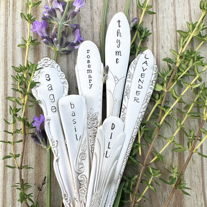 Hand Stamped Vintage Silverplate Garden Marker: Herb &amp; Veggie Plant Label