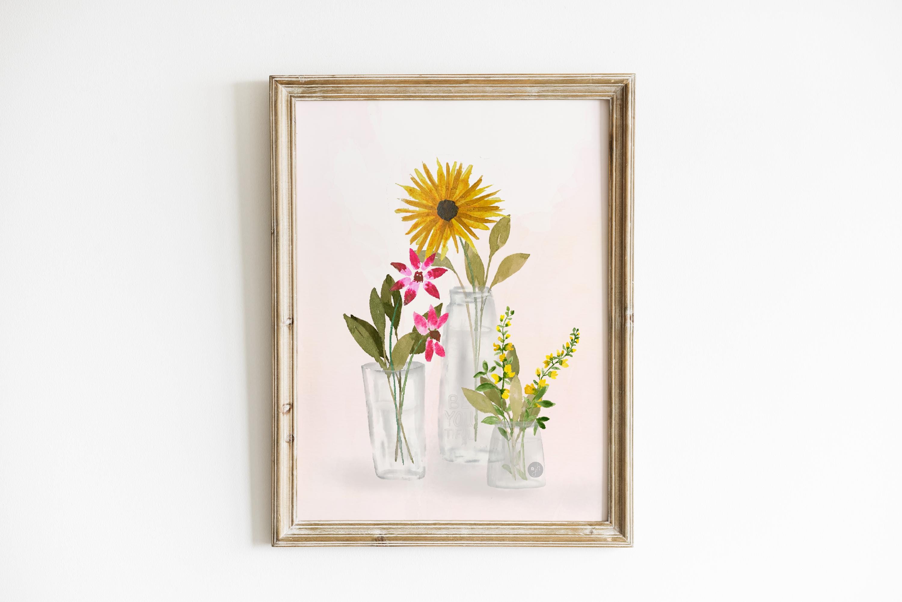 Yellow Wildflower Art Print: Watercolor Floral Vase Illustration