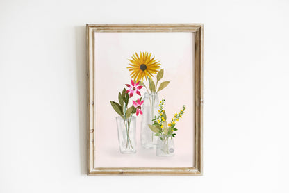 Yellow Wildflower Art Print: Watercolor Floral Vase Illustration