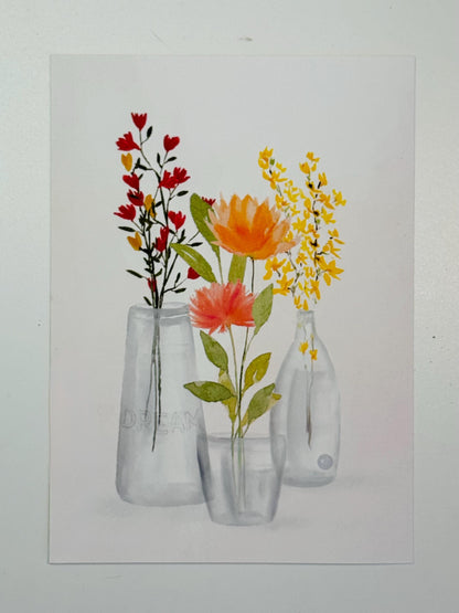 Apricot Peony Watercolor Art Print: Wildflowers in Vase