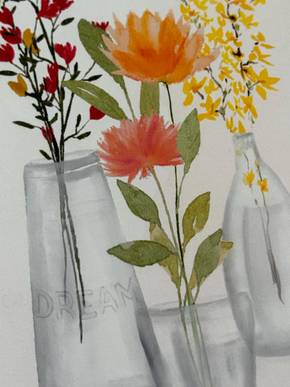 Apricot Peony Watercolor Art Print: Wildflowers in Vase