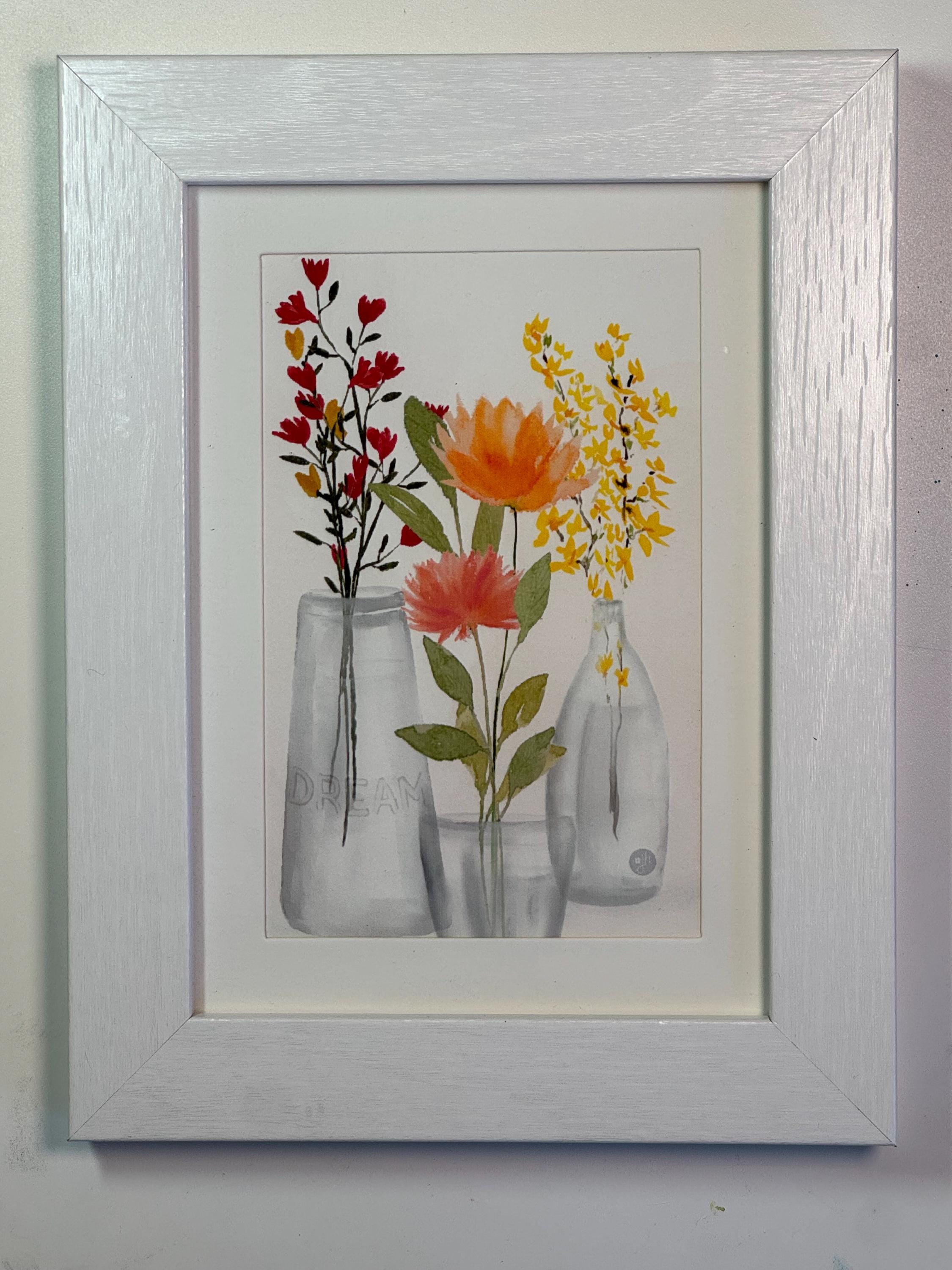 Apricot Peony Watercolor Art Print: Wildflowers in Vase