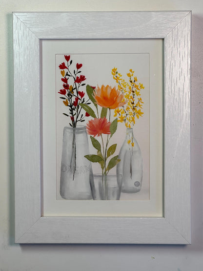 Apricot Peony Watercolor Art Print: Wildflowers in Vase