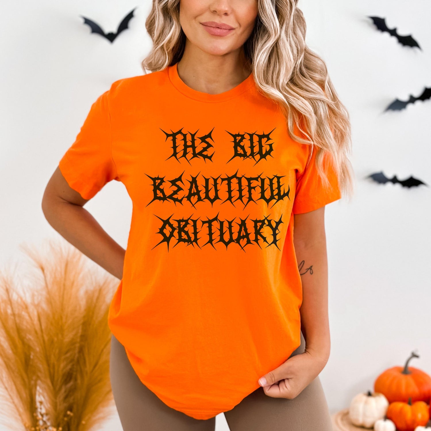 Halloween graphic tee, The Big Beautiful Obituary shirt, spooky season t-shirt, orange goth clothing, fall fashion top, horror shirt