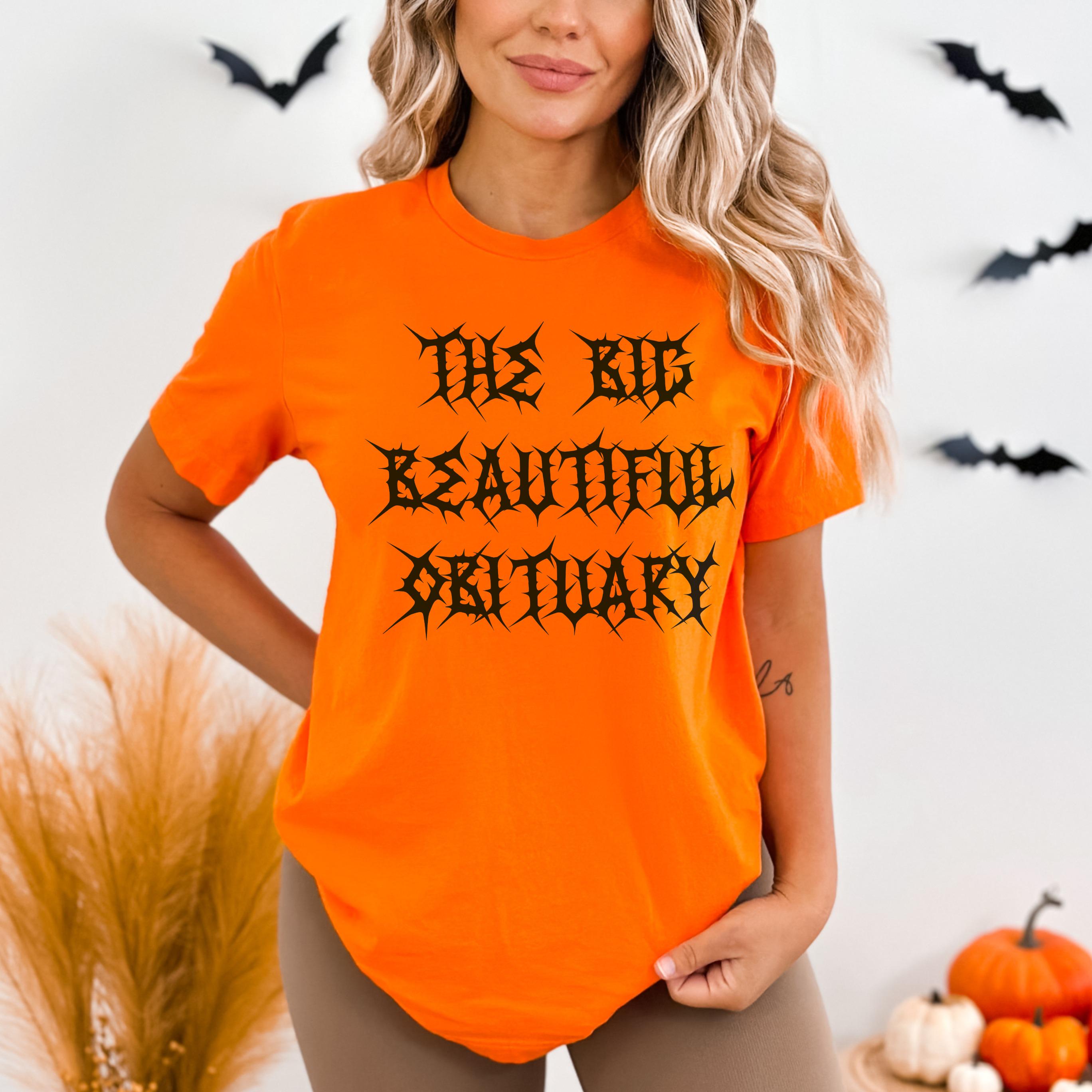 Halloween graphic tee, The Big Beautiful Obituary shirt, spooky season t-shirt, orange goth clothing, fall fashion top, horror shirt