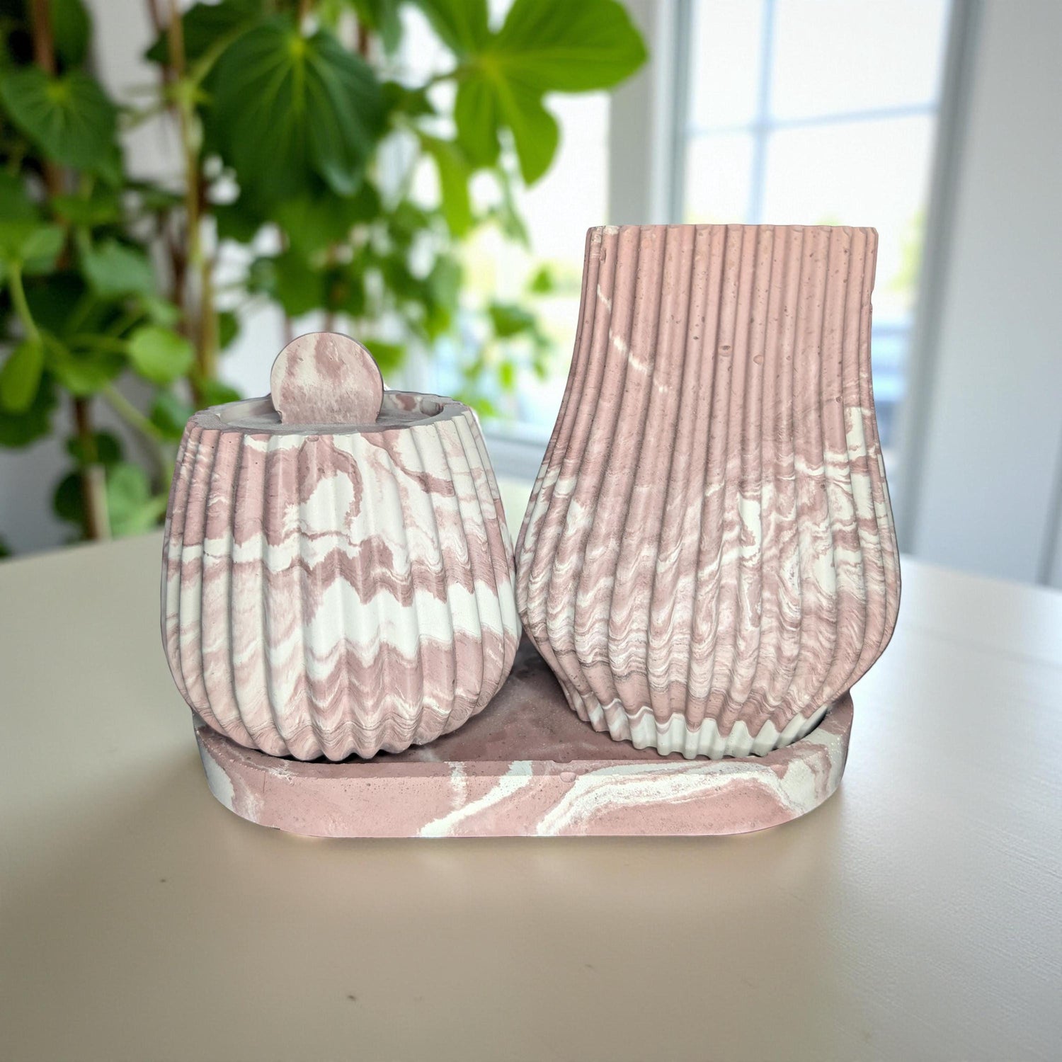 One-of-a-Kind Terracotta Marble Concrete Vase, Jar &amp; Tray Set – Modern Handmade Home Décor – Unique 7” Oval Tray