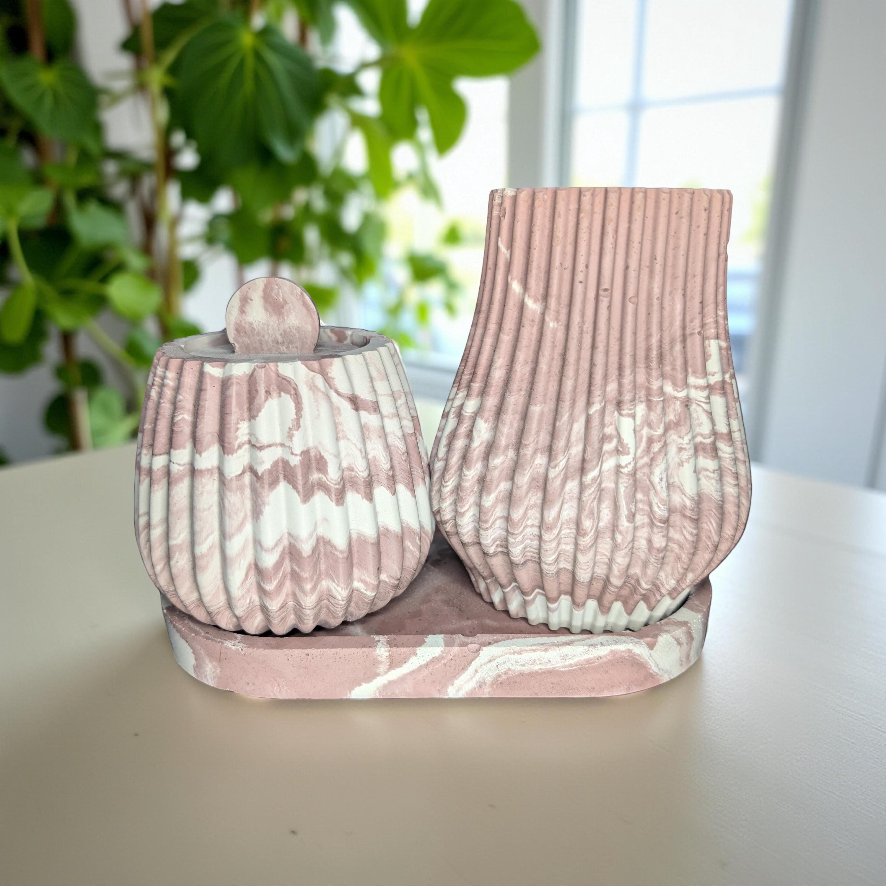 One-of-a-Kind Terracotta Marble Concrete Vase, Jar &amp; Tray Set – Modern Handmade Home Décor – Unique 7” Oval Tray