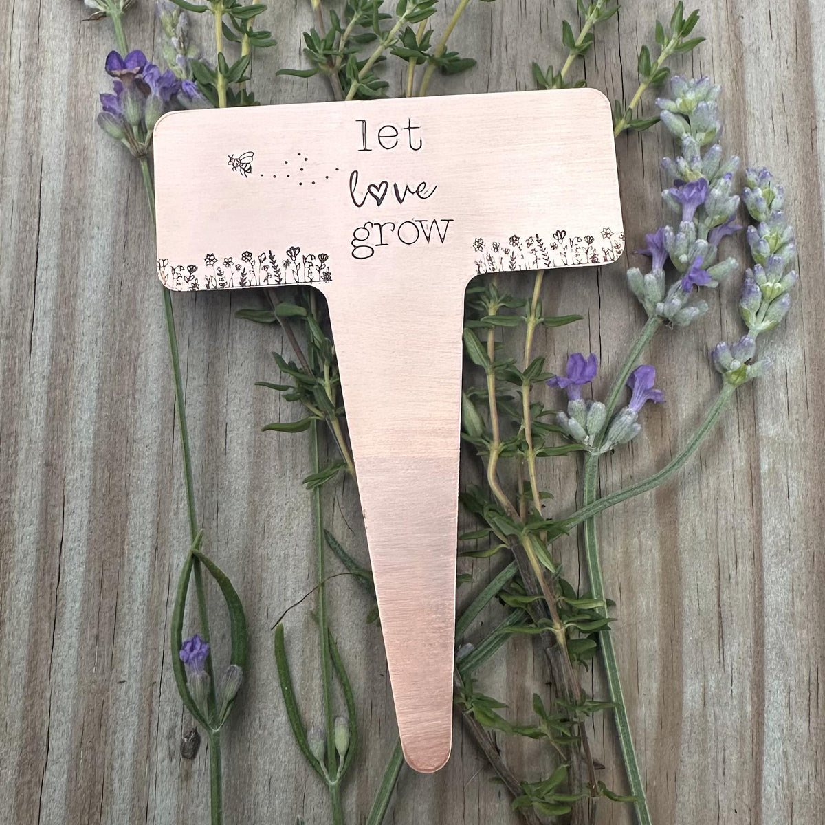 Hand Stamped Copper Garden Marker: Let Love Grow Plant Stake
