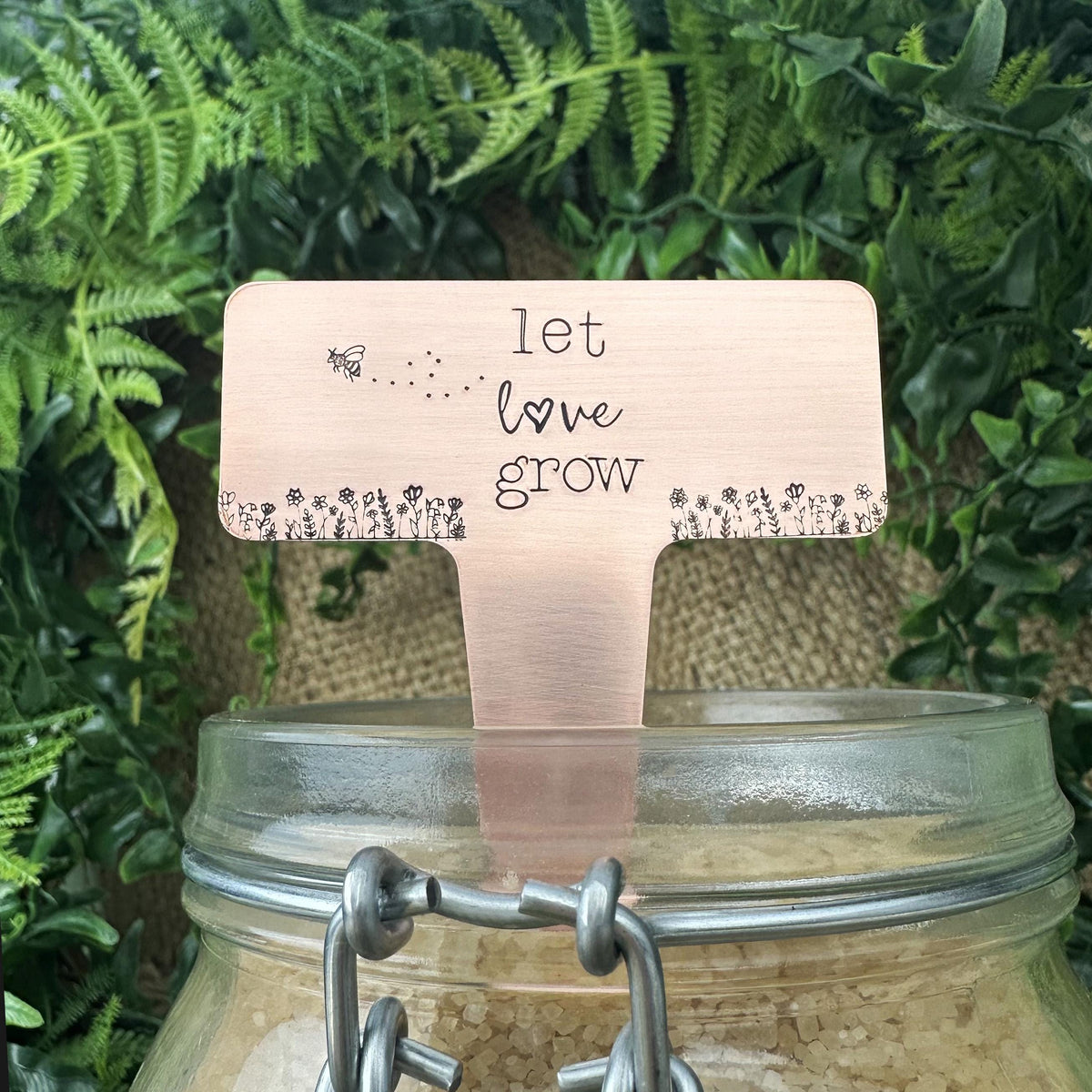 Hand Stamped Copper Garden Marker: Let Love Grow Plant Stake