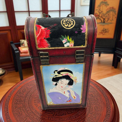 Vintage Japanese Wine Carrier, Decoupaged Kimono Fabric, Gold Leaf Trim, Geisha Gift Box