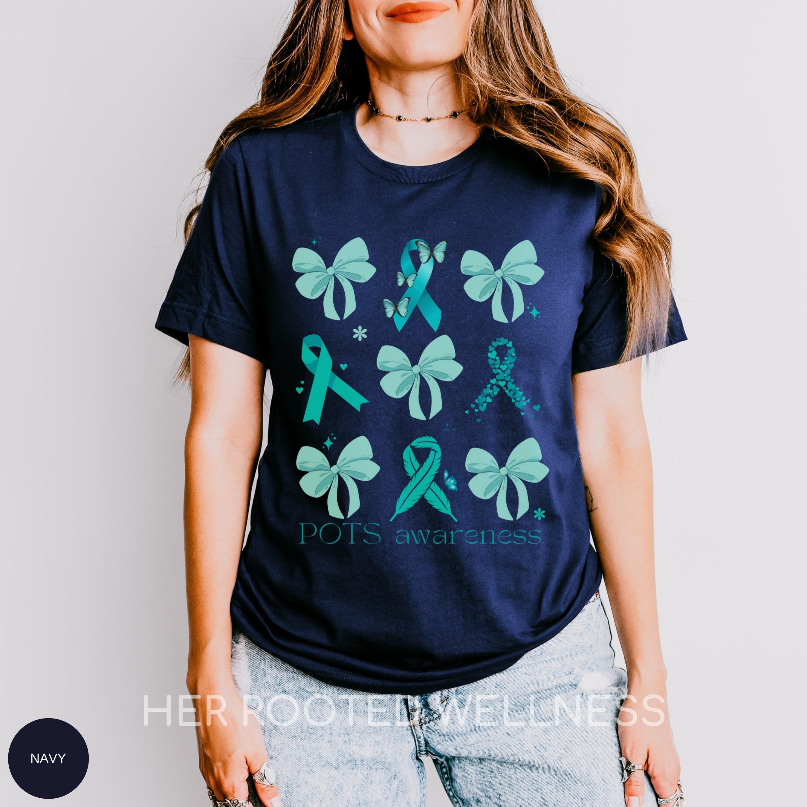 Coquette POTS Syndrome Shirt | Teal Ribbon and Bows Dysautonomia Awareness T-shirt | Postural Orthostatic Tachycardia Syndrome Apparel