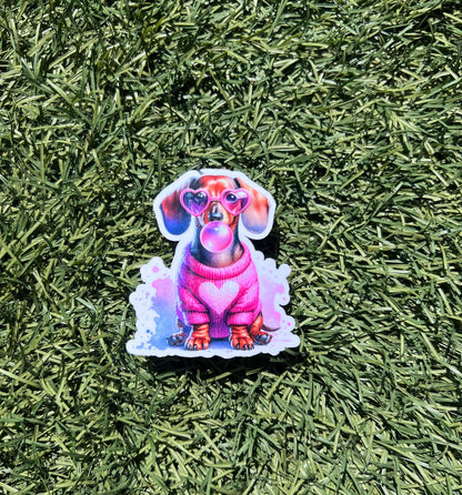 Dachshund Dog Sticker: Pink Sweater, Heart Glasses - Water-Resistant Vinyl