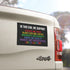 Magnet with the text “In this car, we support: science and truth, black lives and justice, immigrants and humanity, women and equality, kindness, unity and coexistence, love in all forms” on a rainbow background, displayed on a car bumper.