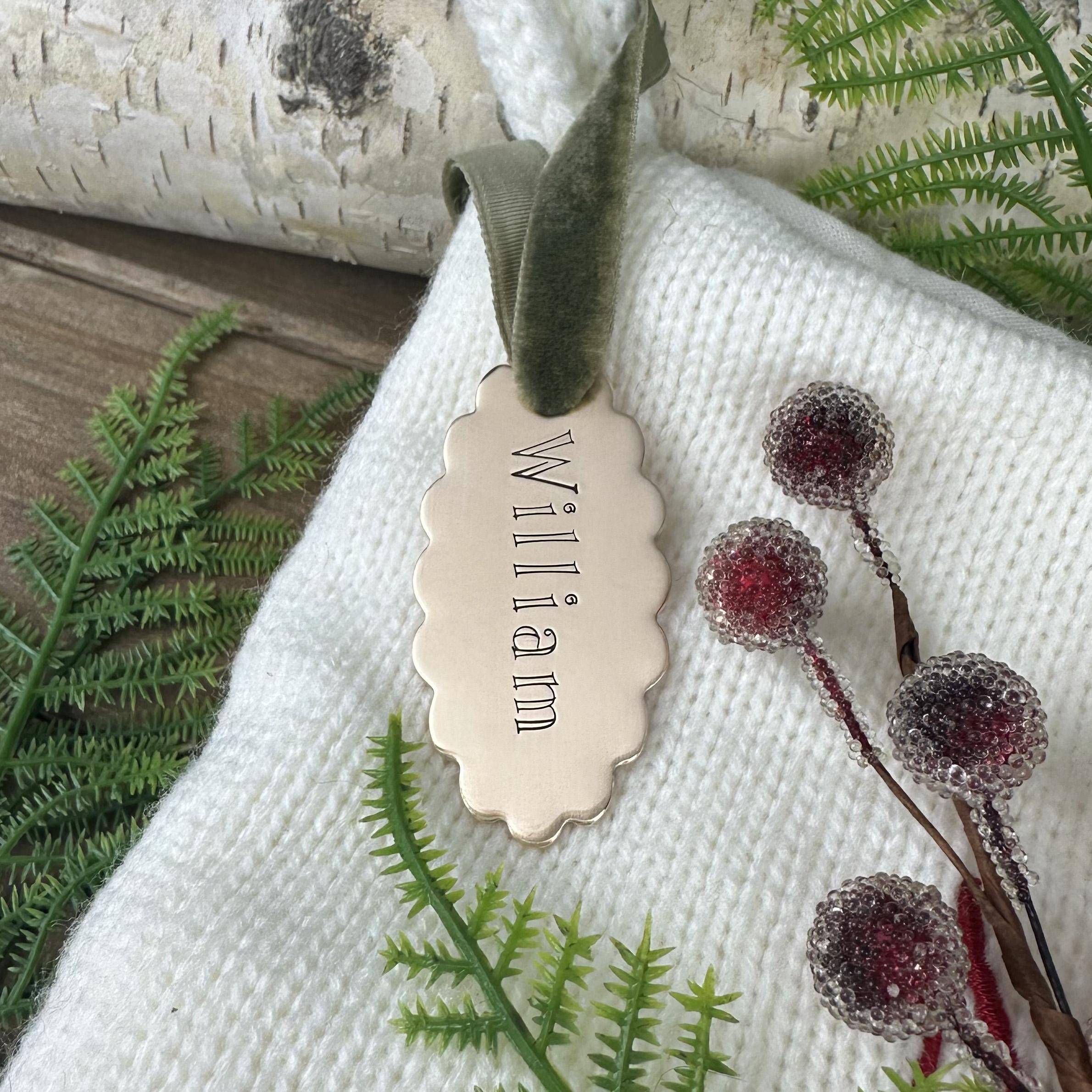 Personalized Stocking Tag: Custom Hand Stamped Brass or Copper Name Tag