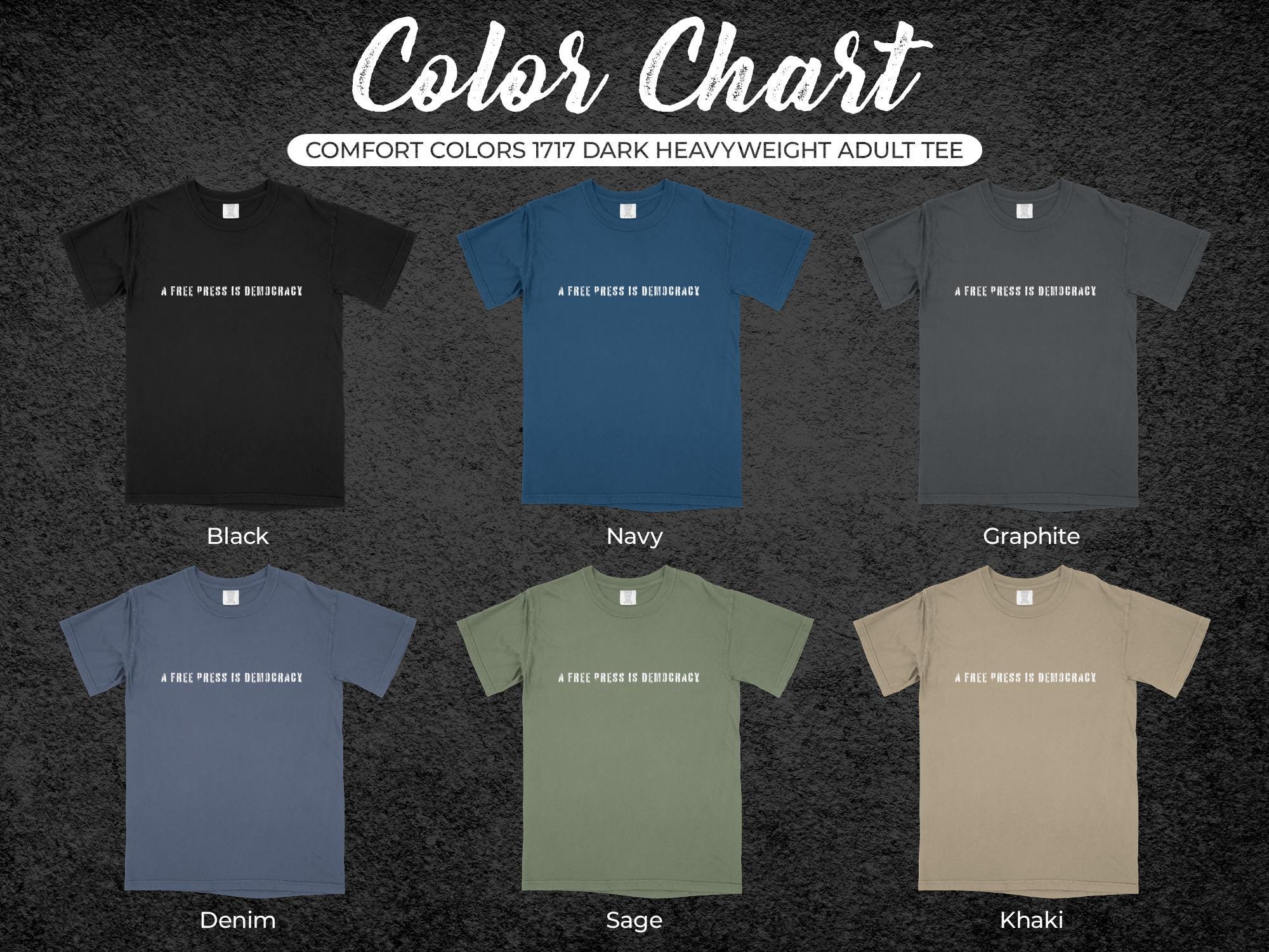 Color Chart Comfort Colors 1717 Dark Heavyweight Adult Tee Black, Navy, Graphite, Denim, Sage, Khaki