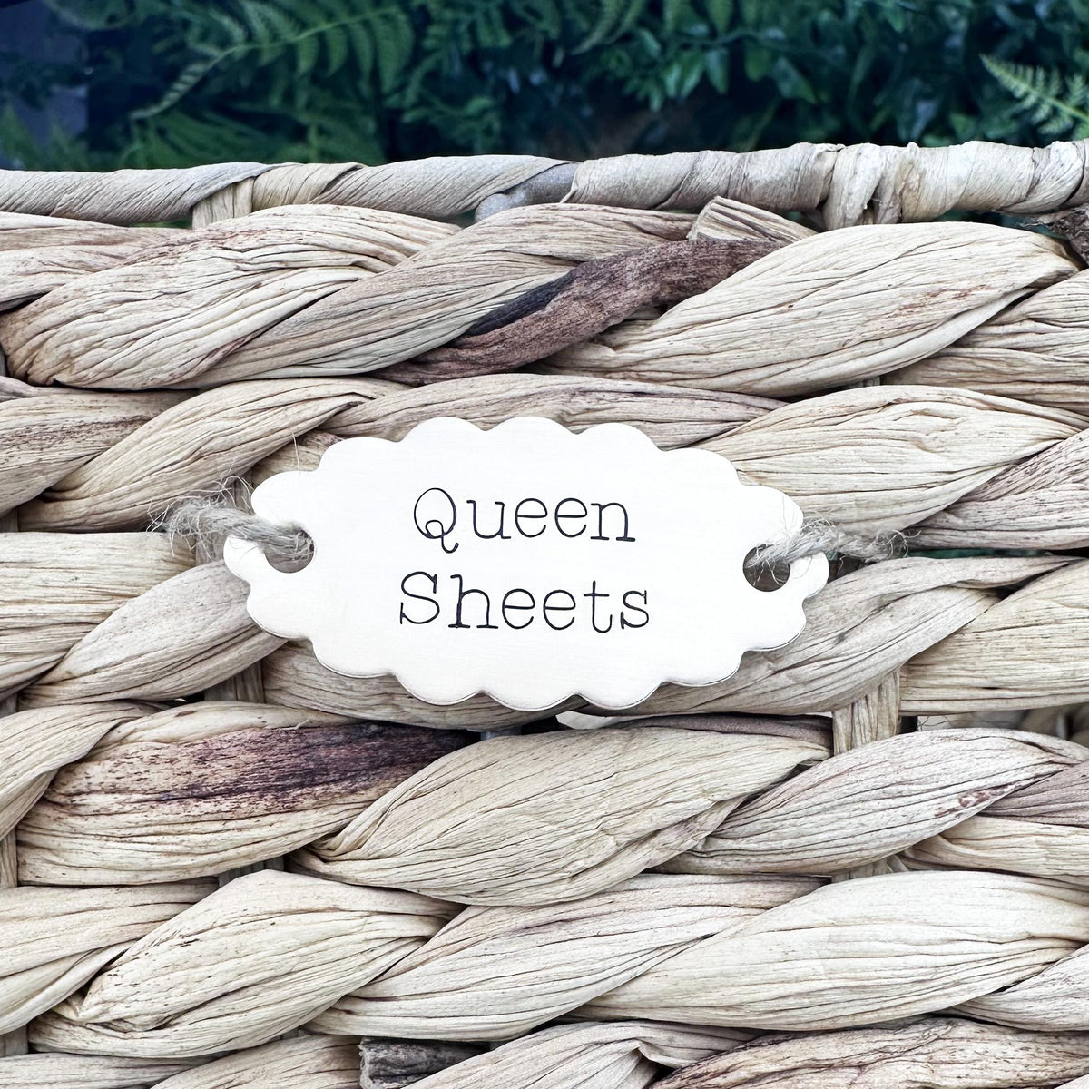 Custom Basket Label: Personalized Hand Stamped Brass or Copper Closet or Pantry Tag