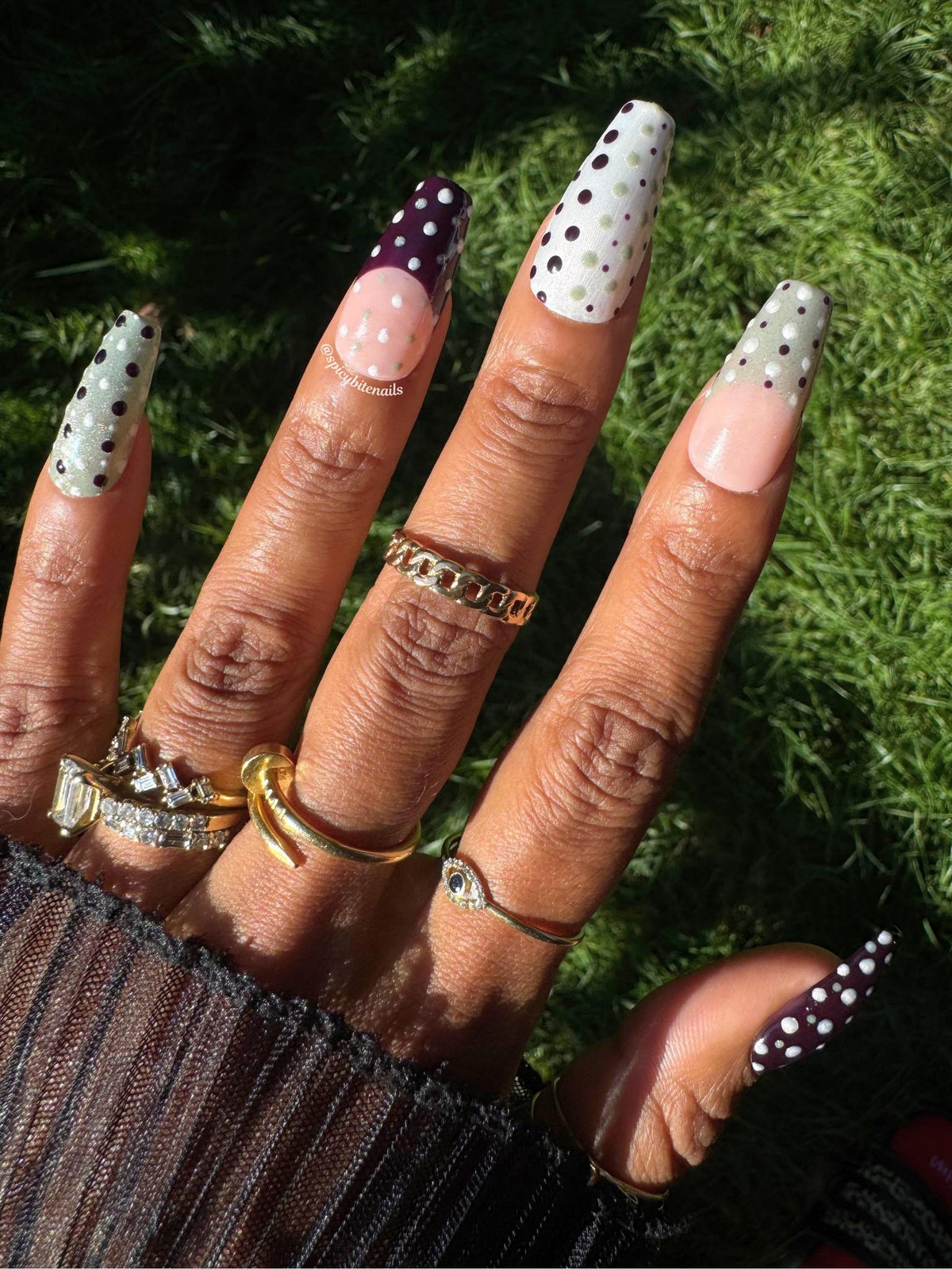 Dot &amp; Dash - Purple, Cream and Sage Green Cat-Eye Polka Dot Press-On Nail Extensions 10pcs