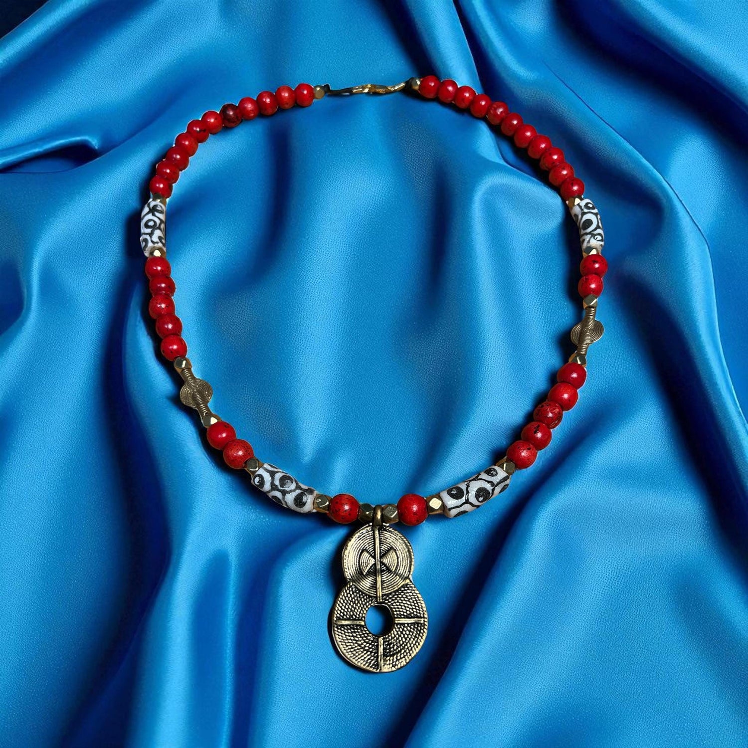 African Bronze Double Sun Necklace, Krobo Eye Beads, Brass Pendant, Tribal Boho Style