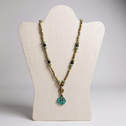 Handmade Mykonos Copper Pendant Necklace, Turquoise Napoli, Ethiopian Brass, Smoky Quartz, 19 Inch