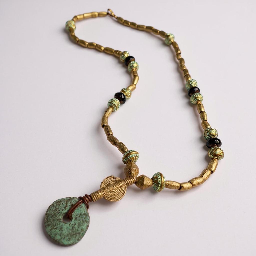 Handmade Mykonos Copper Pendant Necklace, Turquoise Napoli, Ethiopian Brass, Smoky Quartz, 19 Inch