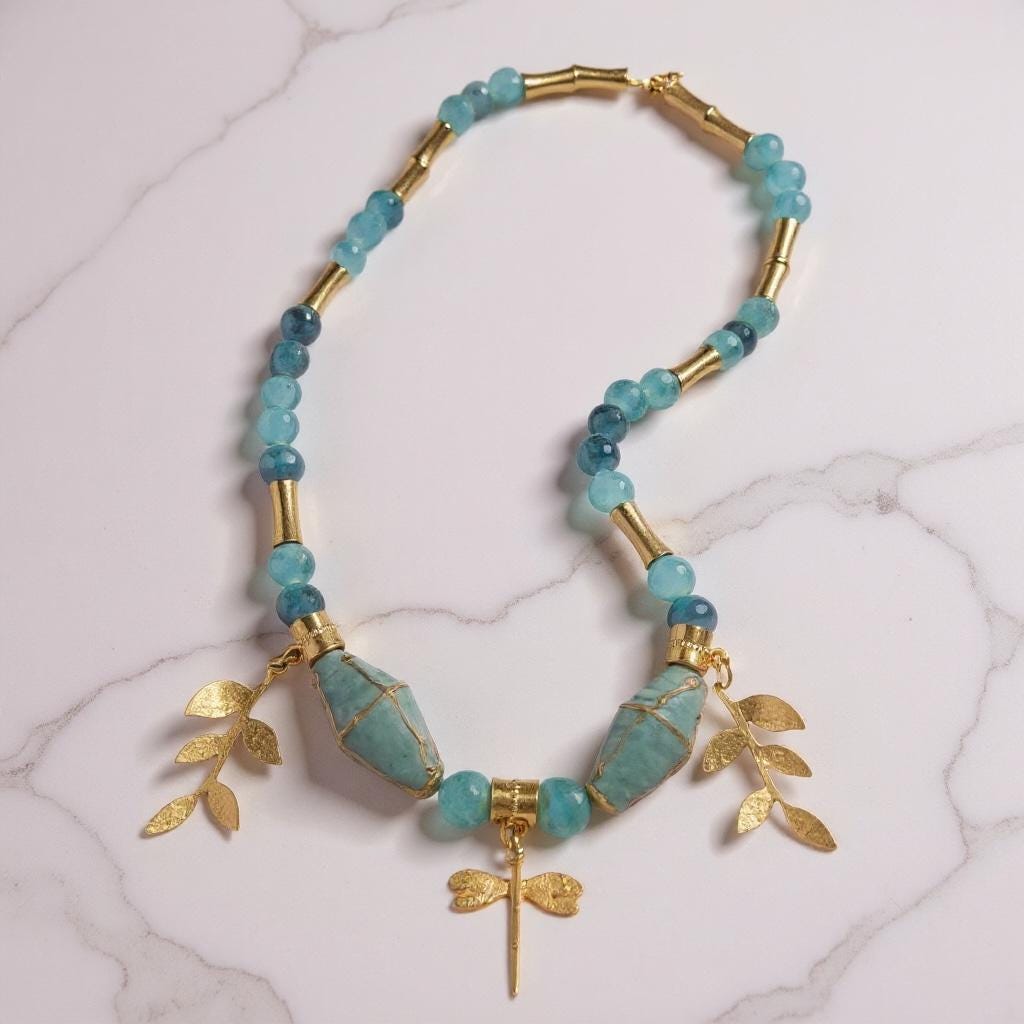 Handmade Blue Apatite Dragonfly Necklace, Turquoise Java Cross, Gold Plated Charms