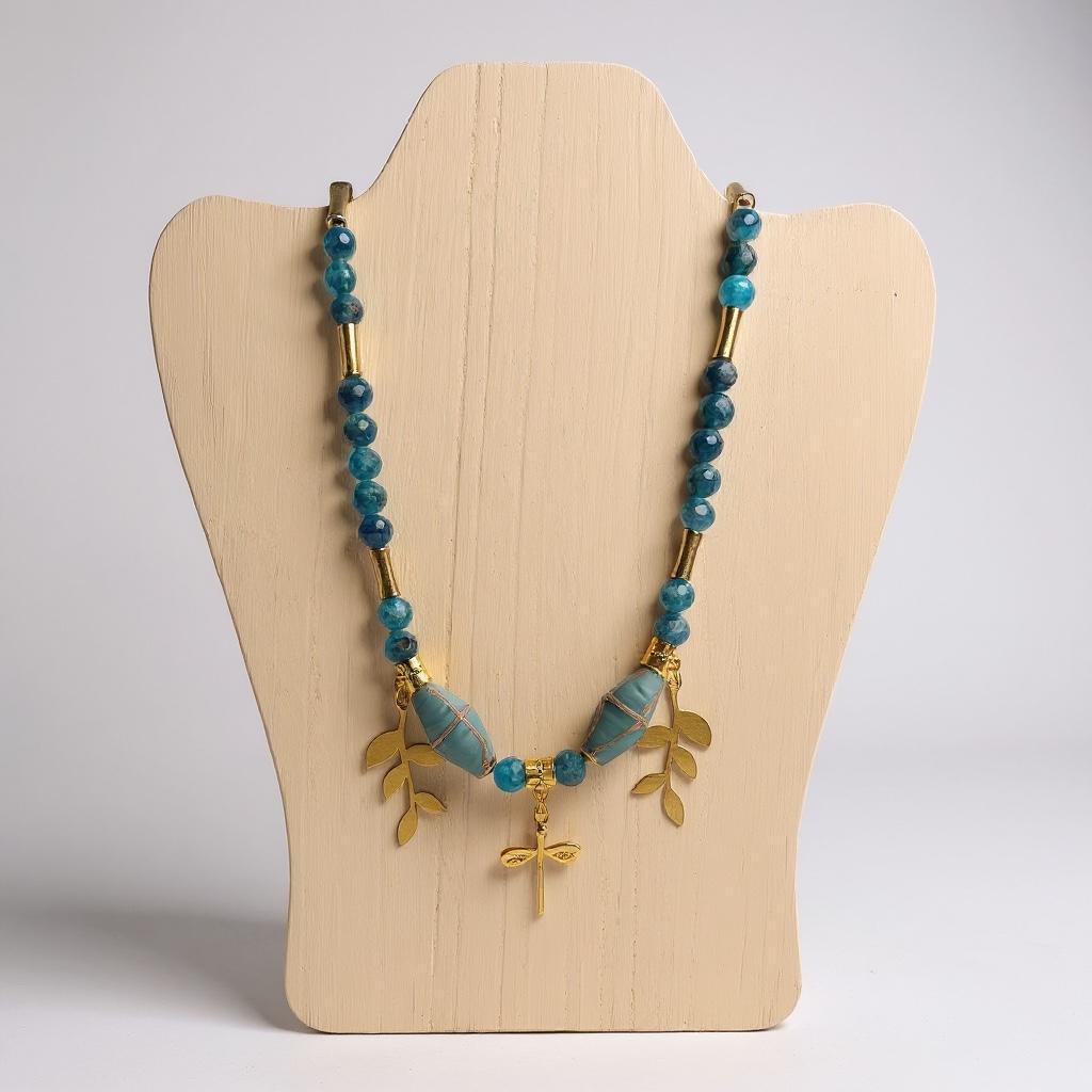 Handmade Blue Apatite Dragonfly Necklace, Turquoise Java Cross, Gold Plated Charms