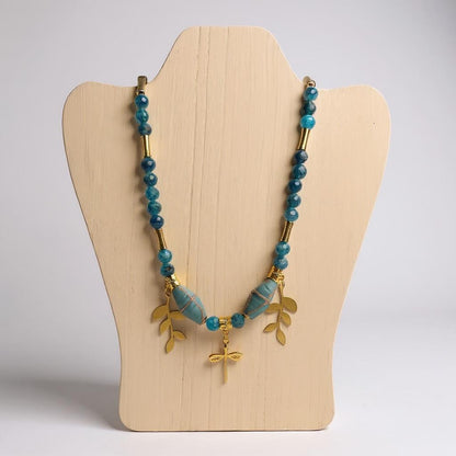 Handmade Blue Apatite Dragonfly Necklace, Turquoise Java Cross, Gold Plated Charms