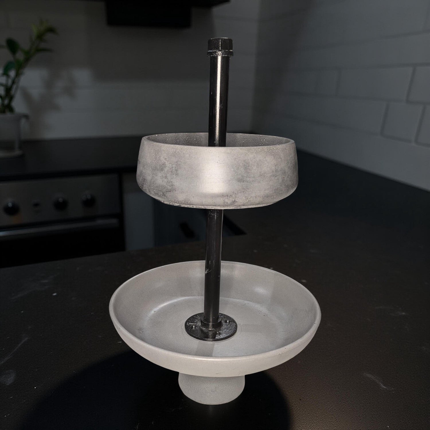 Handmade Concrete Tiered Tray with Adjustable Top | 19&amp;quot; Tall Modern Industrial Display Stand | 2-Tier Concrete Bowl Organizer