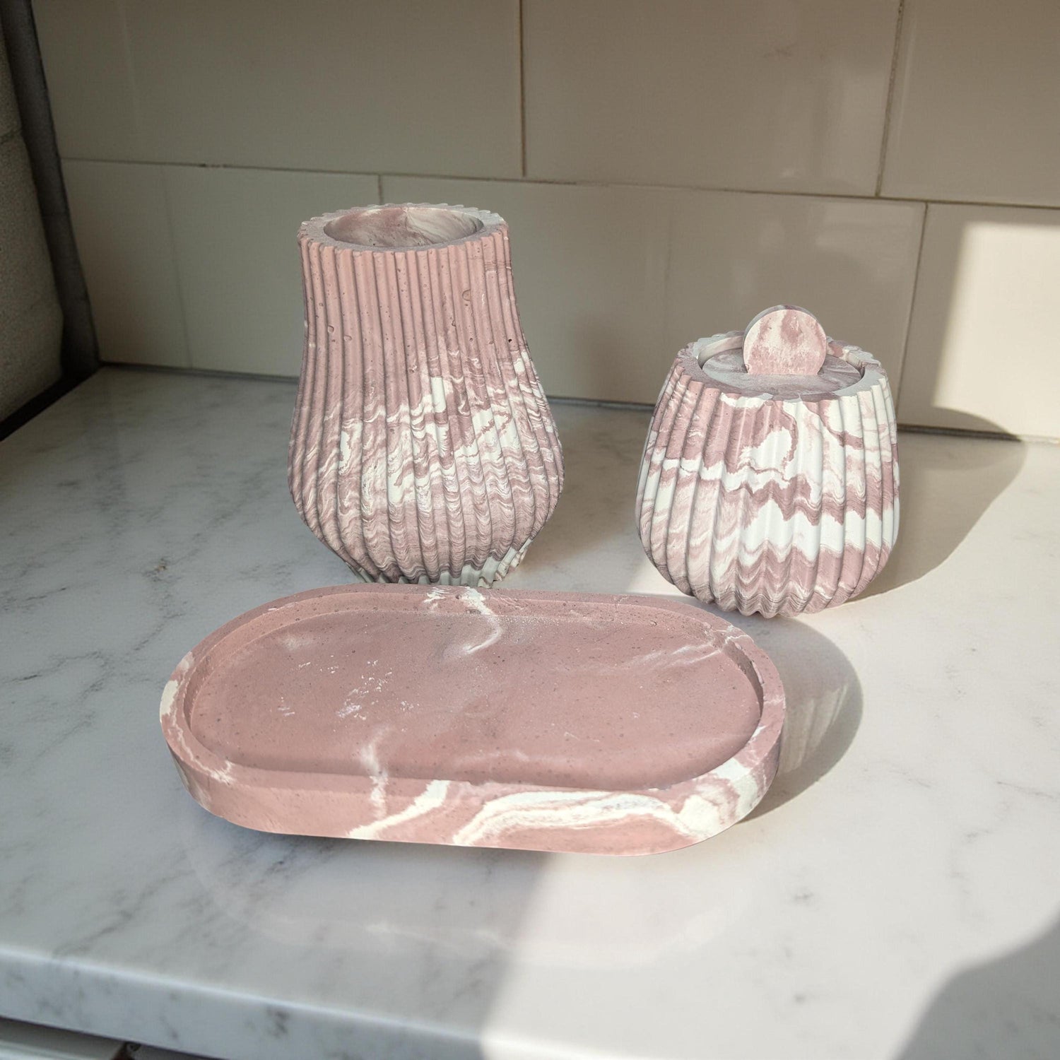 One-of-a-Kind Terracotta Marble Concrete Vase, Jar &amp; Tray Set – Modern Handmade Home Décor – Unique 7” Oval Tray