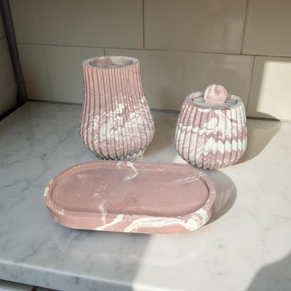 One-of-a-Kind Terracotta Marble Concrete Vase, Jar &amp; Tray Set – Modern Handmade Home Décor – Unique 7” Oval Tray