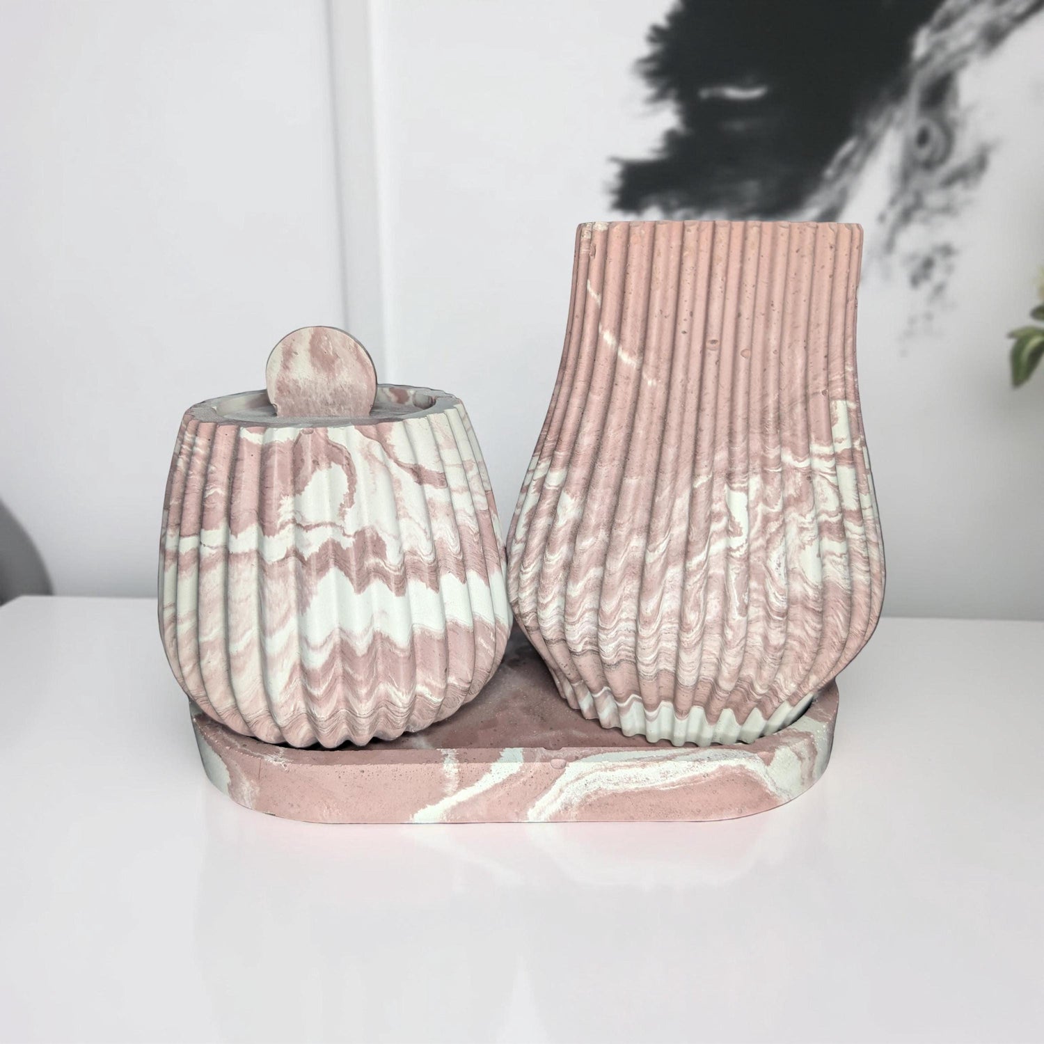 One-of-a-Kind Terracotta Marble Concrete Vase, Jar &amp; Tray Set – Modern Handmade Home Décor – Unique 7” Oval Tray