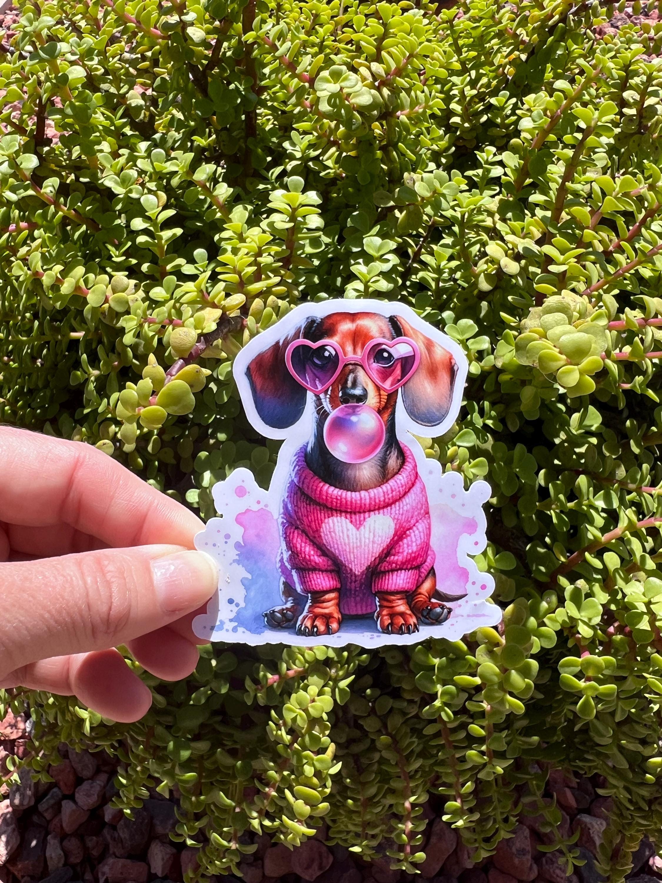 Dachshund Dog Sticker: Pink Sweater, Heart Glasses - Water-Resistant Vinyl