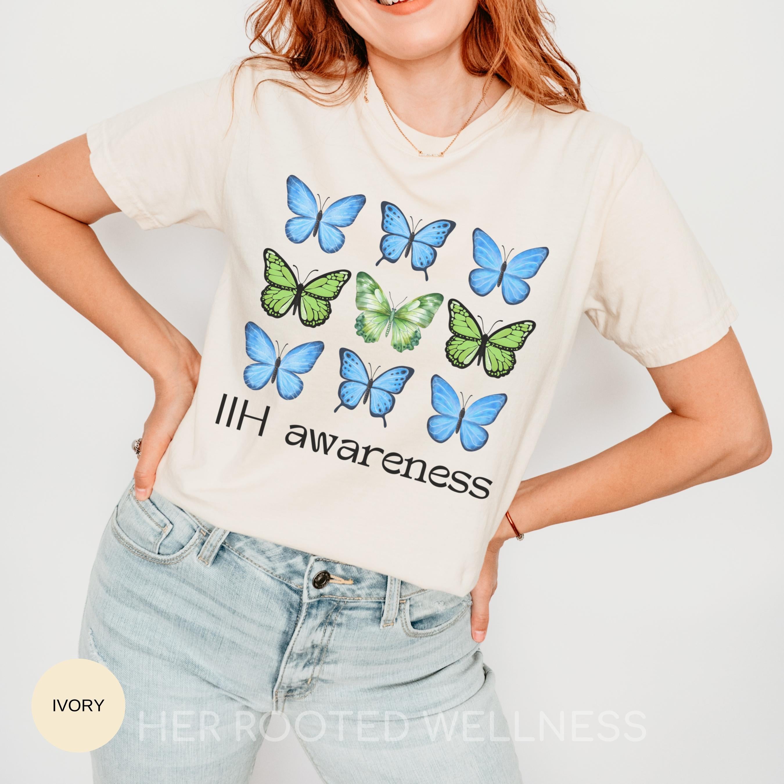 IIH Awareness Shirt | Butterfly Idiopathic Intracranial Hypertension Tee | Comfort Colors Pseudotumor Cerebri Tshirt, Blue Green Ribbon Gift