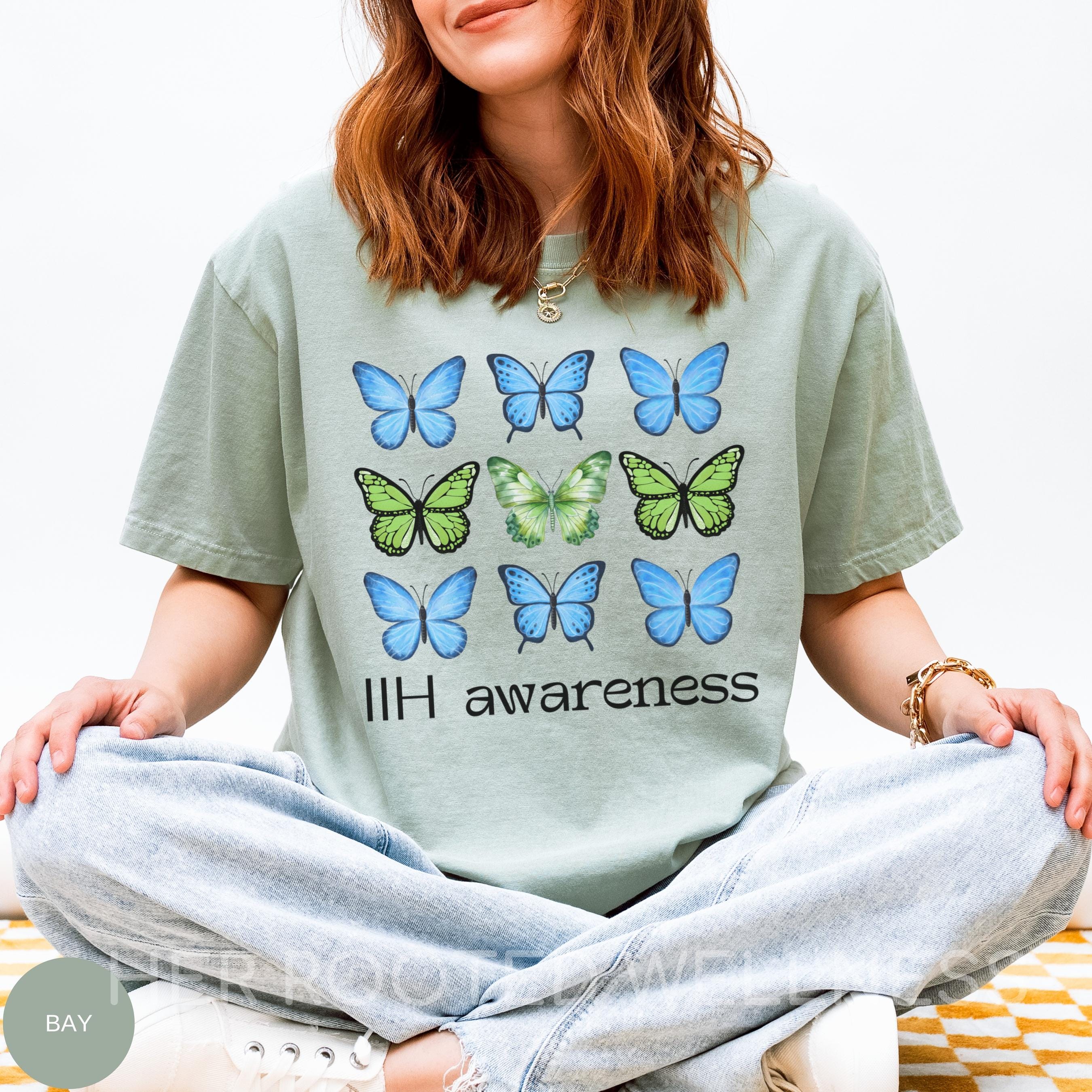 IIH Awareness Shirt | Butterfly Idiopathic Intracranial Hypertension Tee | Comfort Colors Pseudotumor Cerebri Tshirt, Blue Green Ribbon Gift