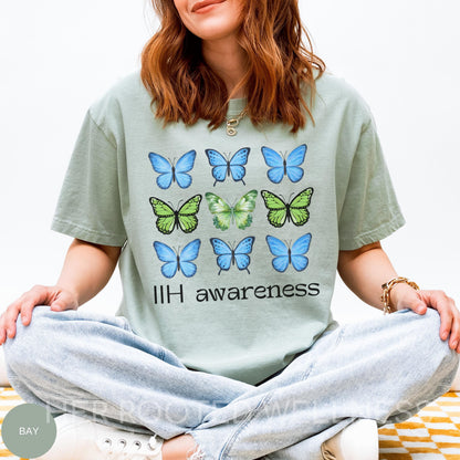 IIH Awareness Shirt | Butterfly Idiopathic Intracranial Hypertension Tee | Comfort Colors Pseudotumor Cerebri Tshirt, Blue Green Ribbon Gift
