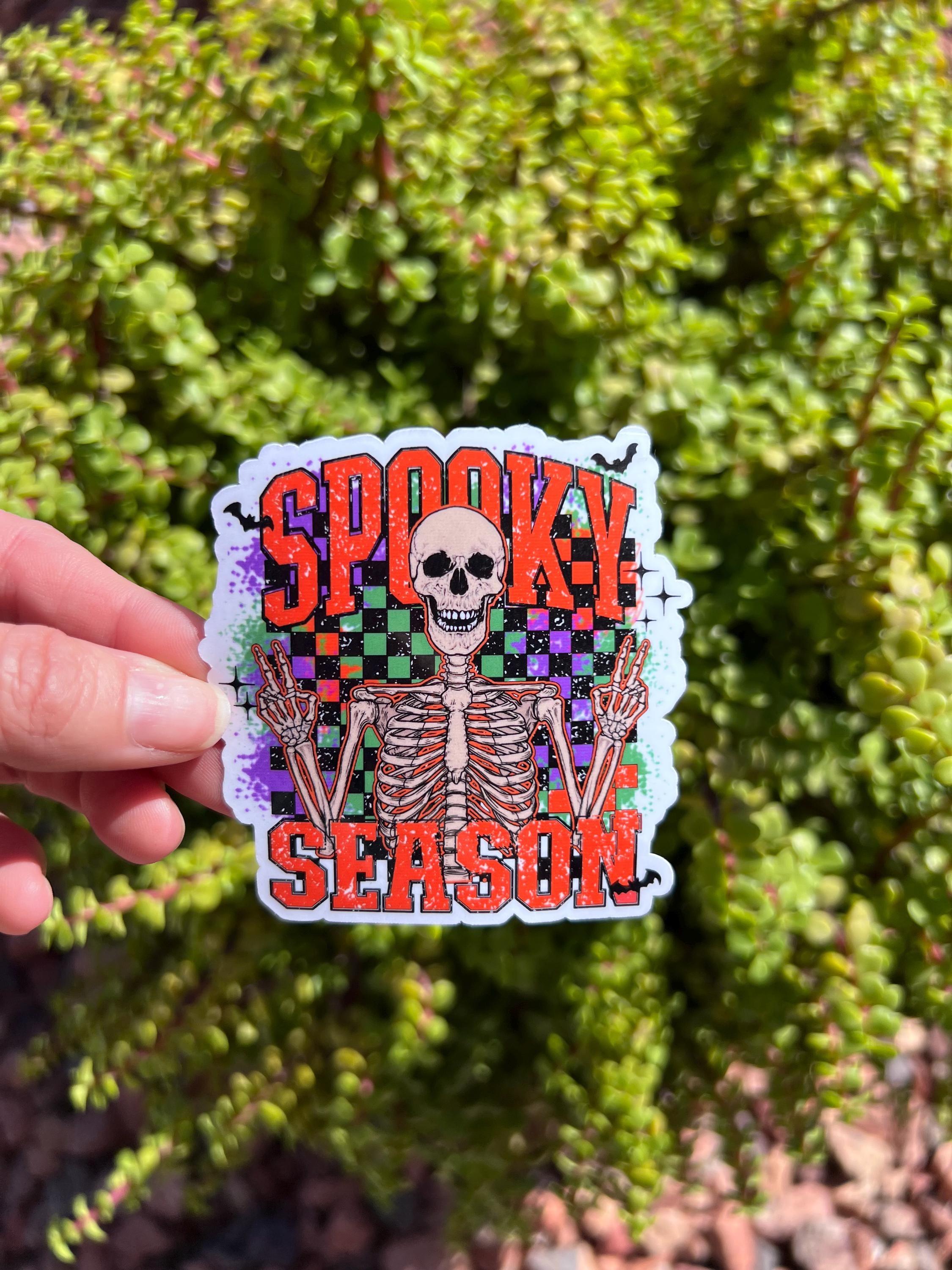Spooky Season Skeleton Sticker, Retro Halloween Checkerboard Decal, 2 or 3 Inch, Clear or Holographic Overlay