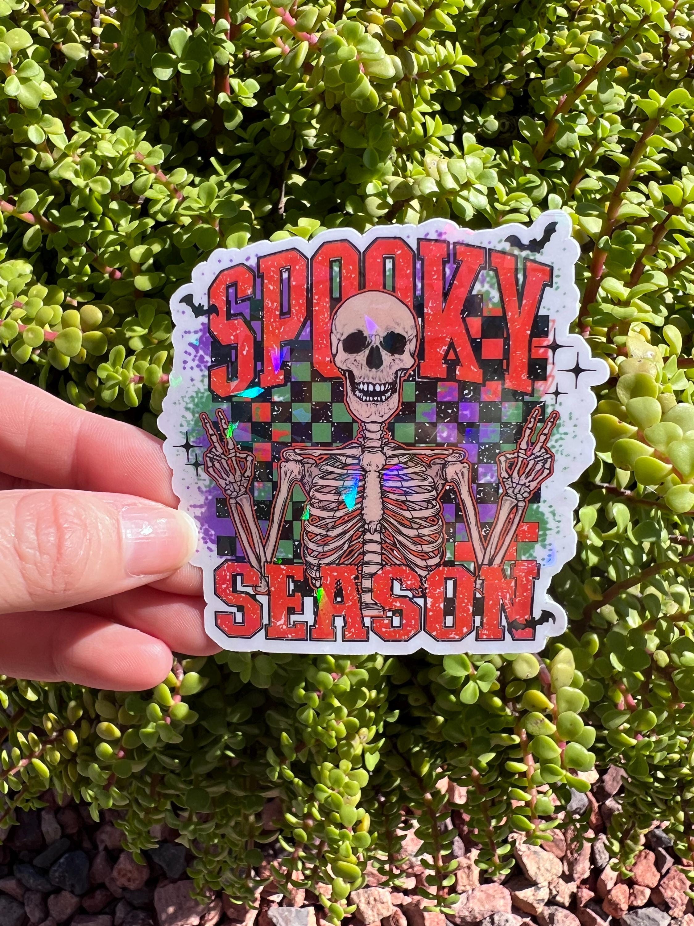 Spooky Season Skeleton Sticker, Retro Halloween Checkerboard Decal, 2 or 3 Inch, Clear or Holographic Overlay