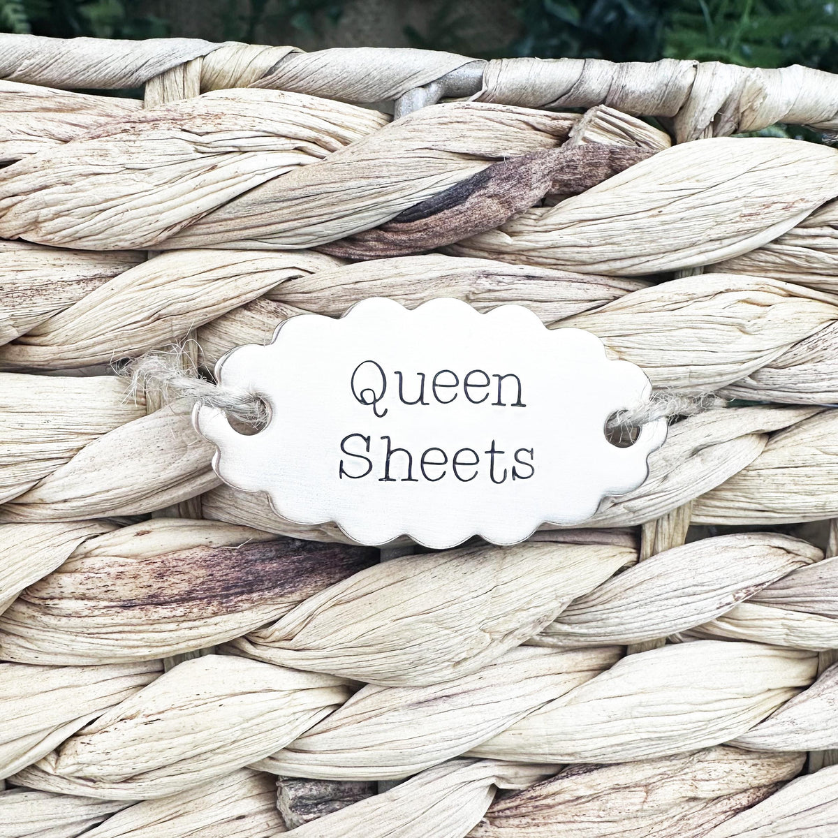 Custom Basket Label: Personalized Hand Stamped Brass or Copper Closet or Pantry Tag