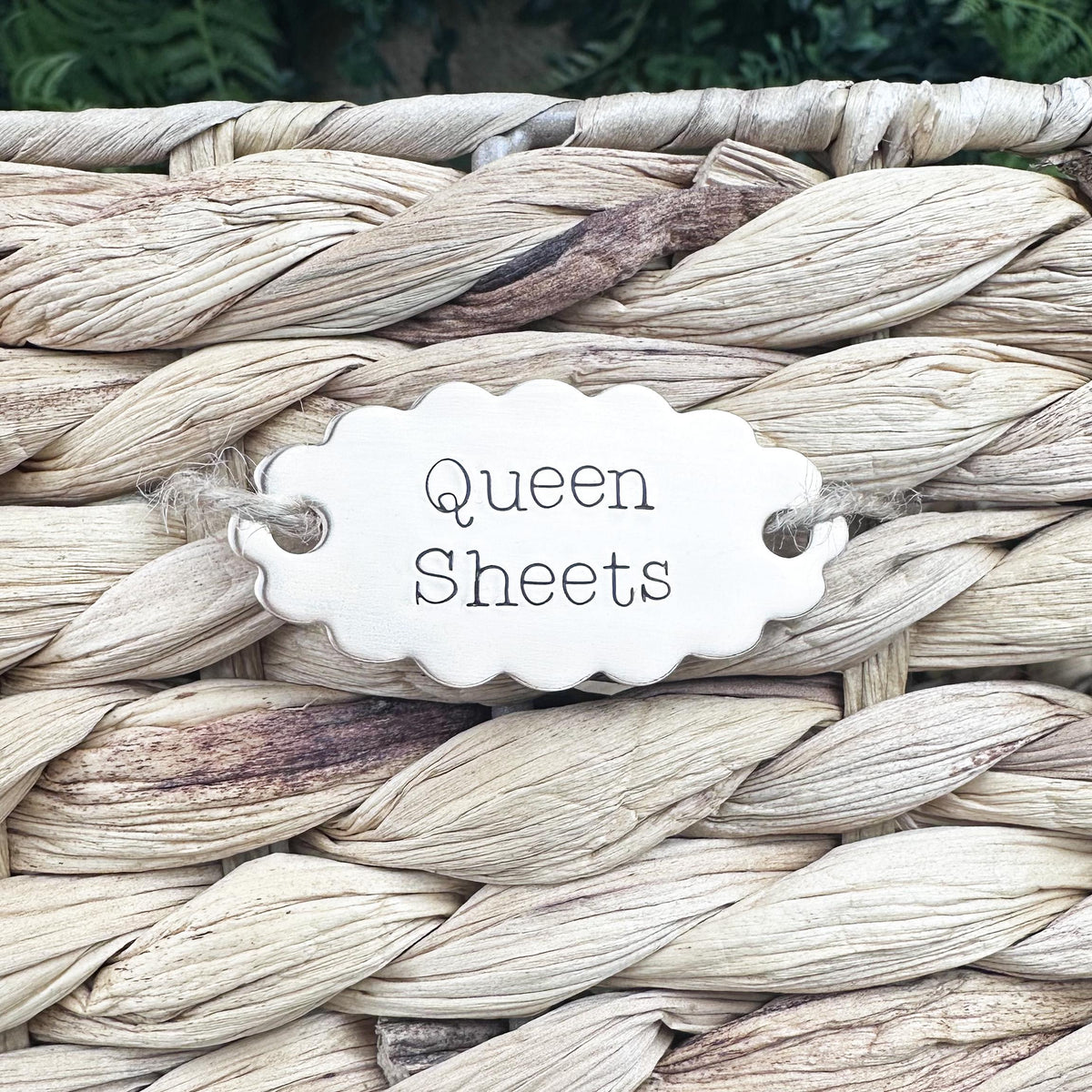 Custom Basket Label: Personalized Hand Stamped Brass or Copper Closet or Pantry Tag