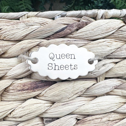 Custom Basket Label: Personalized Hand Stamped Brass or Copper Closet or Pantry Tag