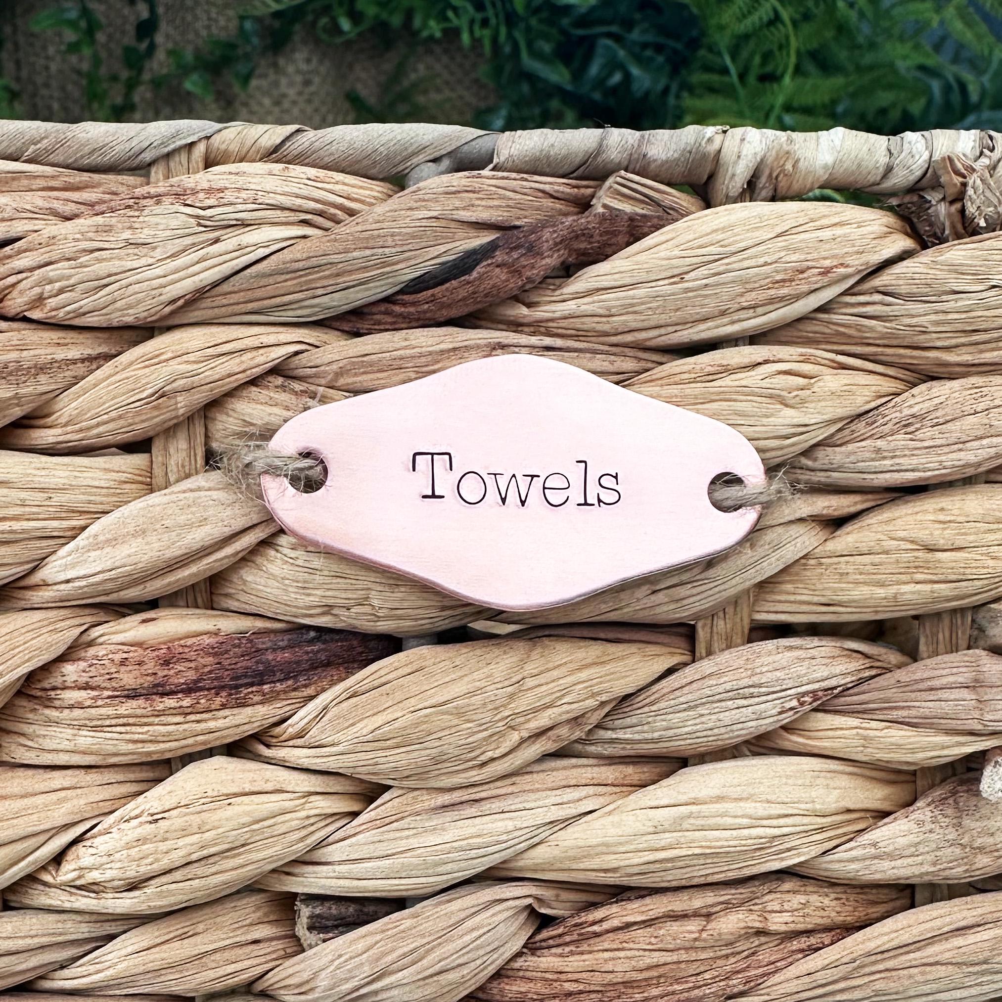 Custom Basket Label: Personalized Hand Stamped Brass or Copper Closet or Pantry Tag
